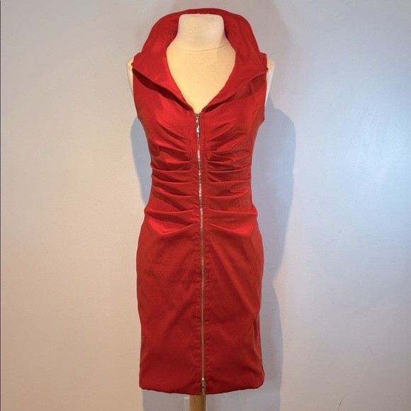 Joseph Ribkoff Fitted Bodycon collared zip front Dress burnt orange size US8 - Picture 1 of 12